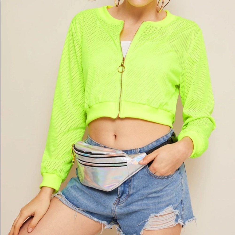 Crop Top Jacket Zip Up Lightweight Neon Green S-XL